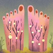 A forest of trees with pink feet among them; tree branches within the feet feature arterial clogs.