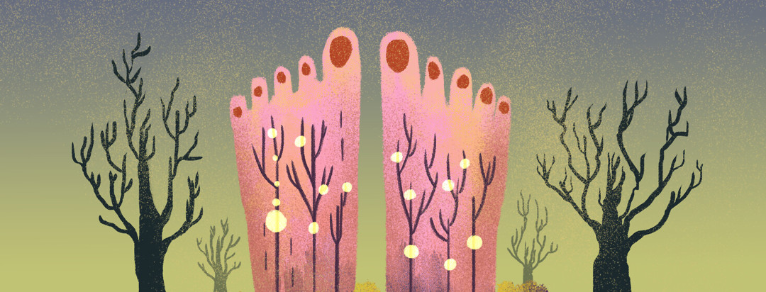 A forest of trees with pink feet among them; tree branches within the feet feature arterial clogs.