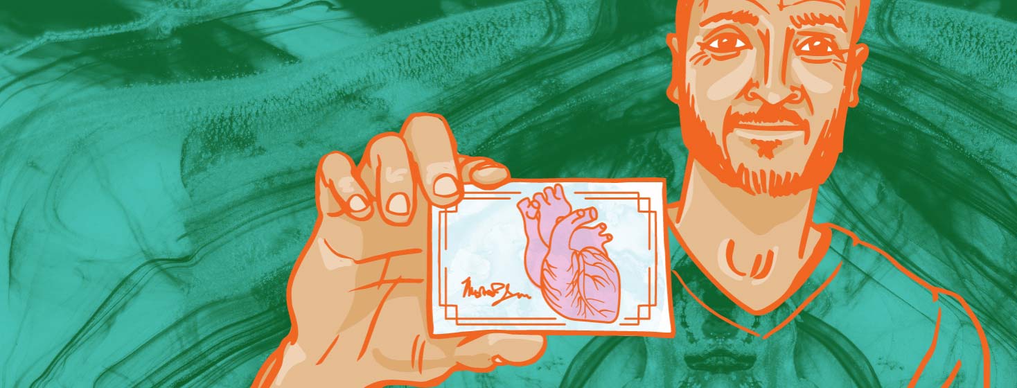 man with heart failure holding a membership card with an anatomical heart on it