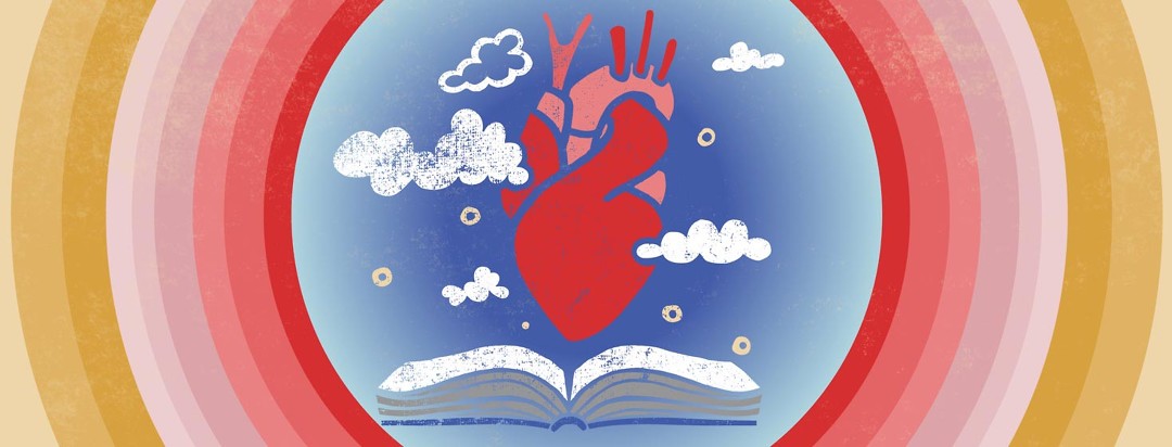 an anatomical heart floats above an open book