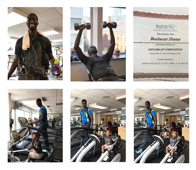 6 photos of Heart failure advocate, Bouba Diemé, at his cardiac rehab program, and his certificate of completion