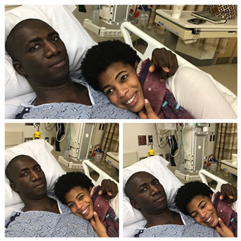 Heart Failure advocate Bouba and his wife sitting together in a hospital bed