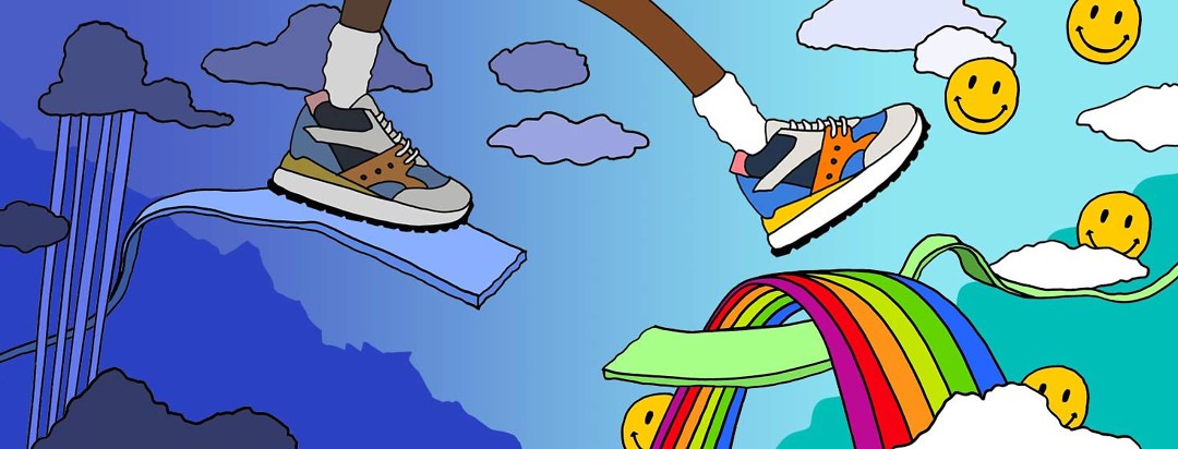 Legs wearing bright sneakers walk from a cloudy sky onto a rainbow, surrounded by happy faces