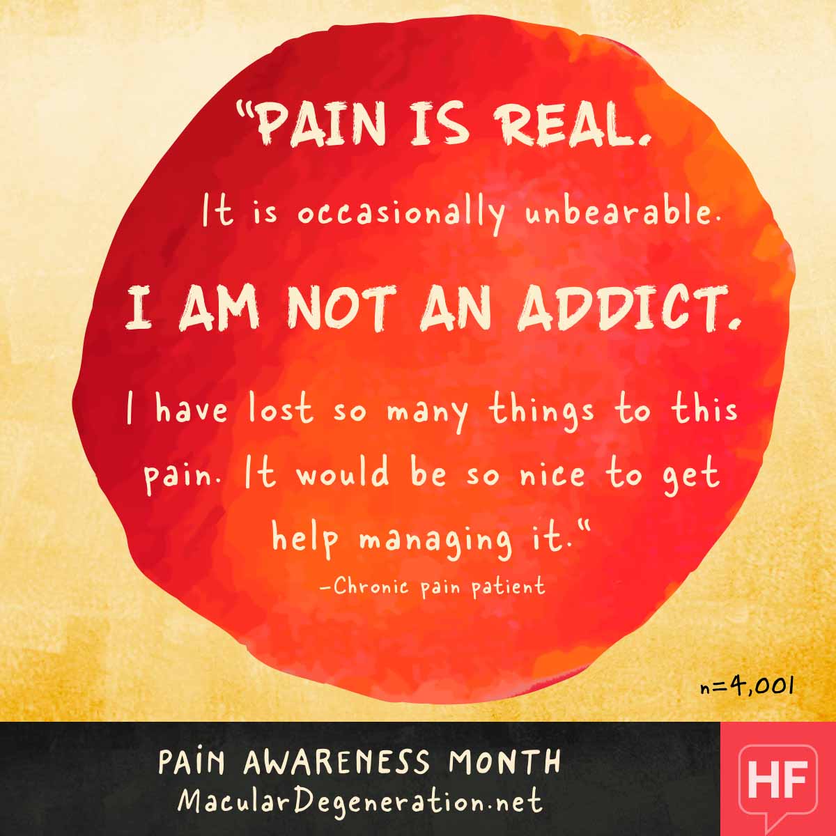 Quote describing pain as real, unbearable, and life changing. They are not an addict and just want help with the pain
