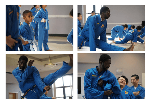 4 tiled images of Heart failure advocate, Bouba Diemé, practicing martial arts