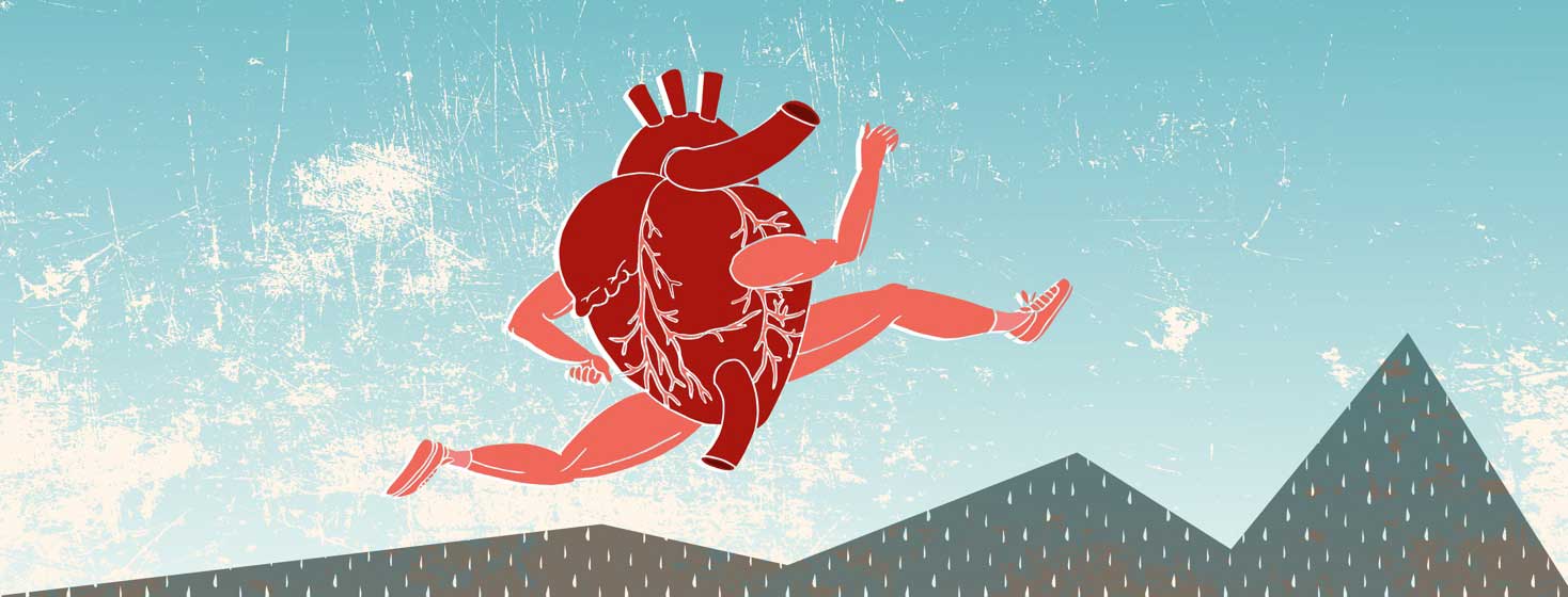 an anatomical heart with muscular arms and legs leaps over mountains that get higher as they run