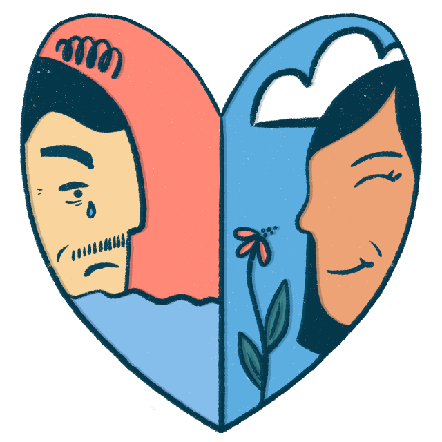 a heart, half with a man crying, half with a woman smelling a flower