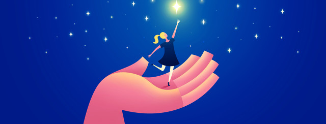 a large hand holds a small woman who is reaching for a star