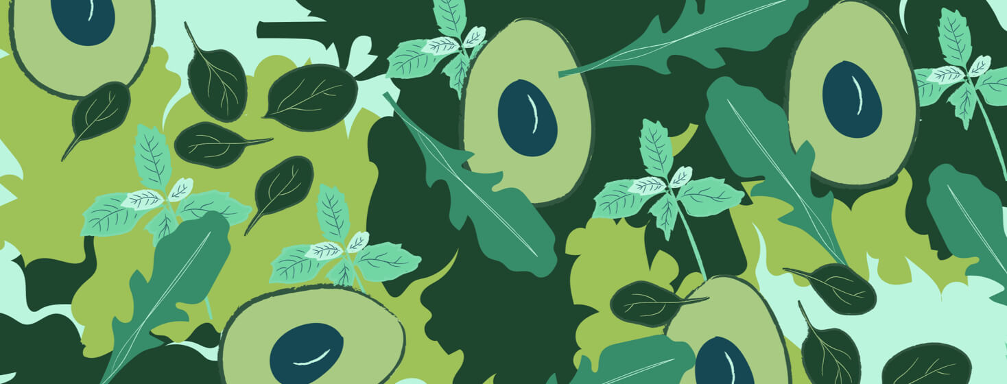 Avacados and plants. Basil, mint, kale, arugula