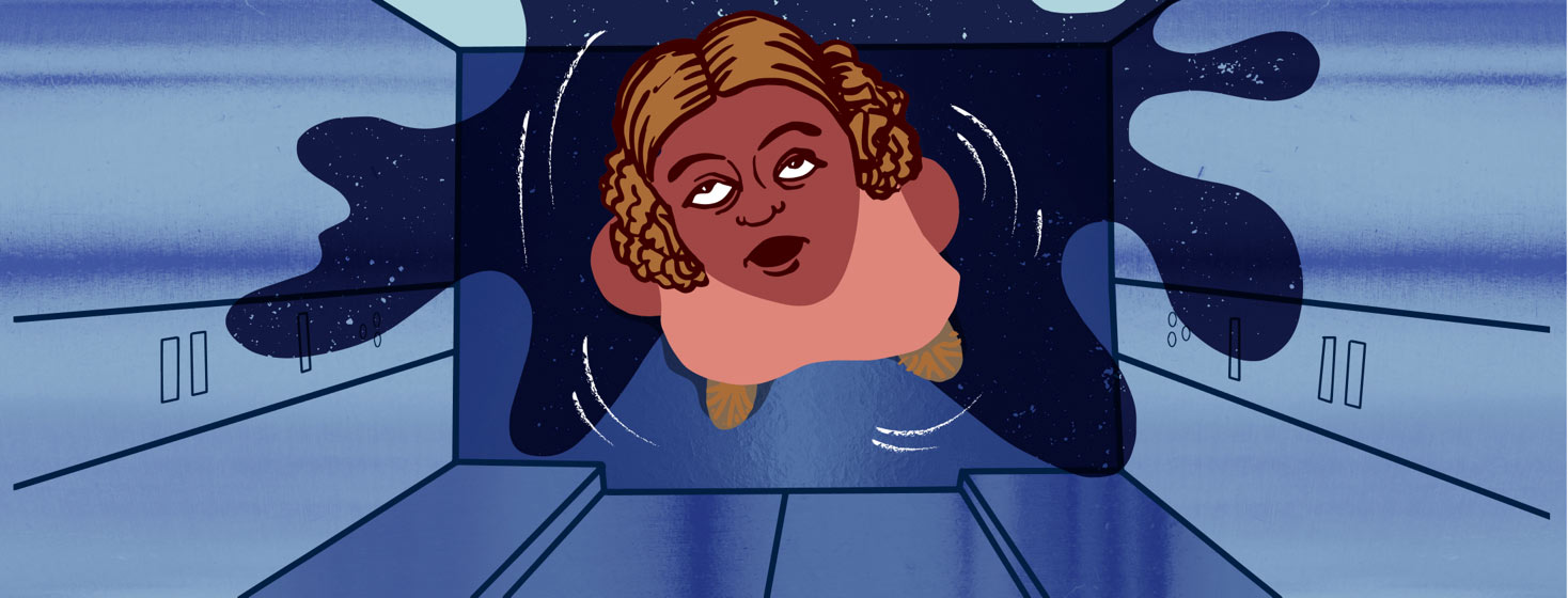 a woman about to black out in an elevator