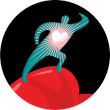a human figure standing on top of a heart balloon and seeing far into the distance