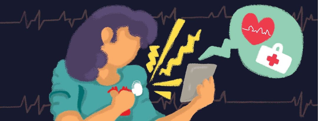 Woman holds heart and ICD while making a call