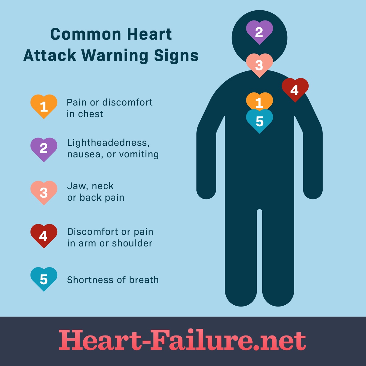 A silhouette labeled with common heart attack warning signs including pain or discomfort in the chest, shoulder, or chest