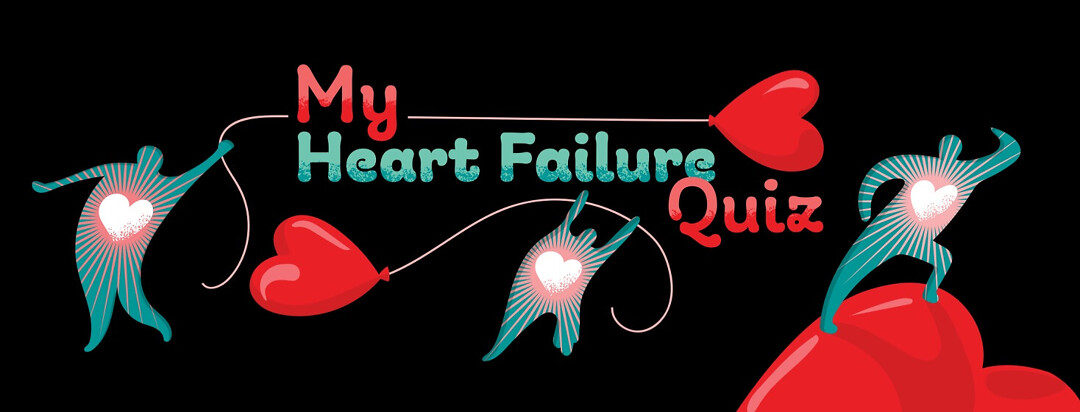 Energetic little human figures and heart symbols with text that reads My Heart Failure Quiz