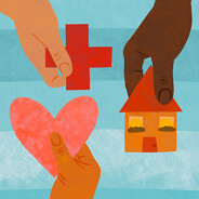 Hands holding medical red cross, heart, home, tear drop. Caregiver cross-site survey post. POC, Black, white.