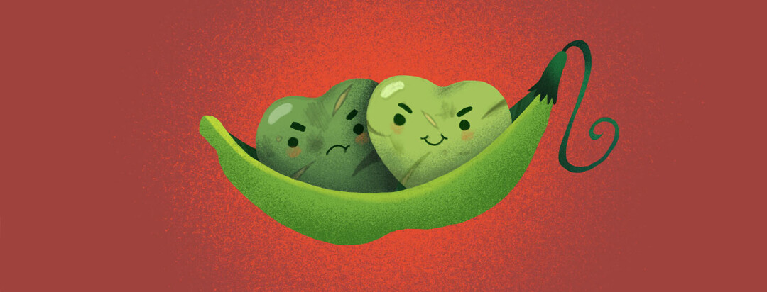 Two heart shaped peas in a pod. Peas have scars, bruising, and mean looking facial expressions. Heart failure, AFib.