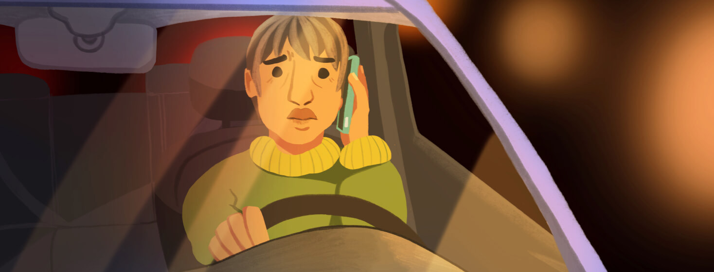 Adult female driving car while speaking on the phone receiving bad news. Hospital call. POC, Latinx