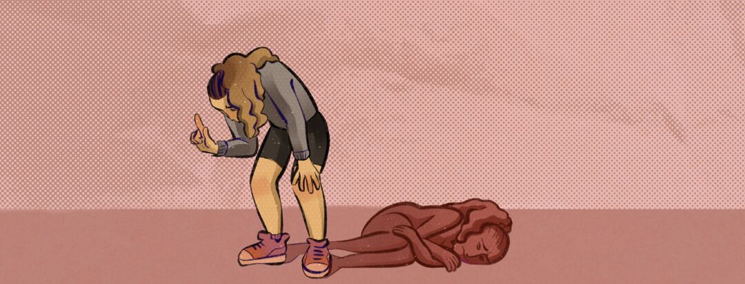 A woman stands back unable to catch her breath, her shadow shows how badly she really feels