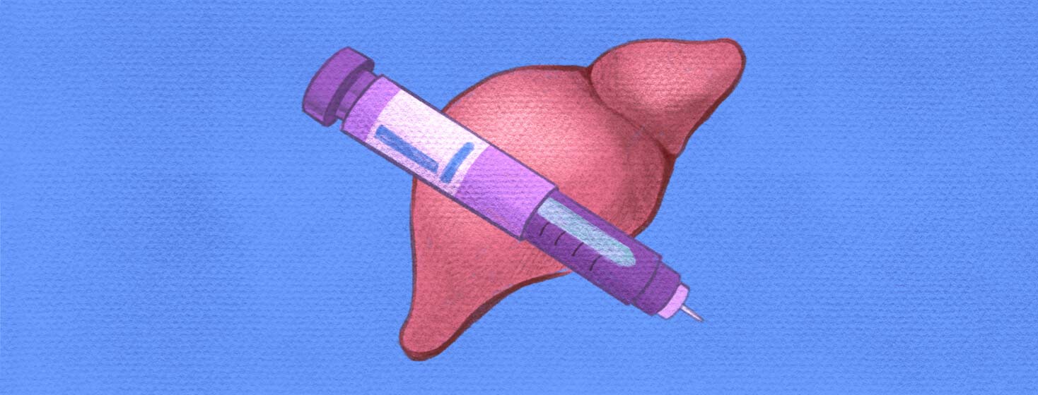 Injectable pen medication and liver on a blue background