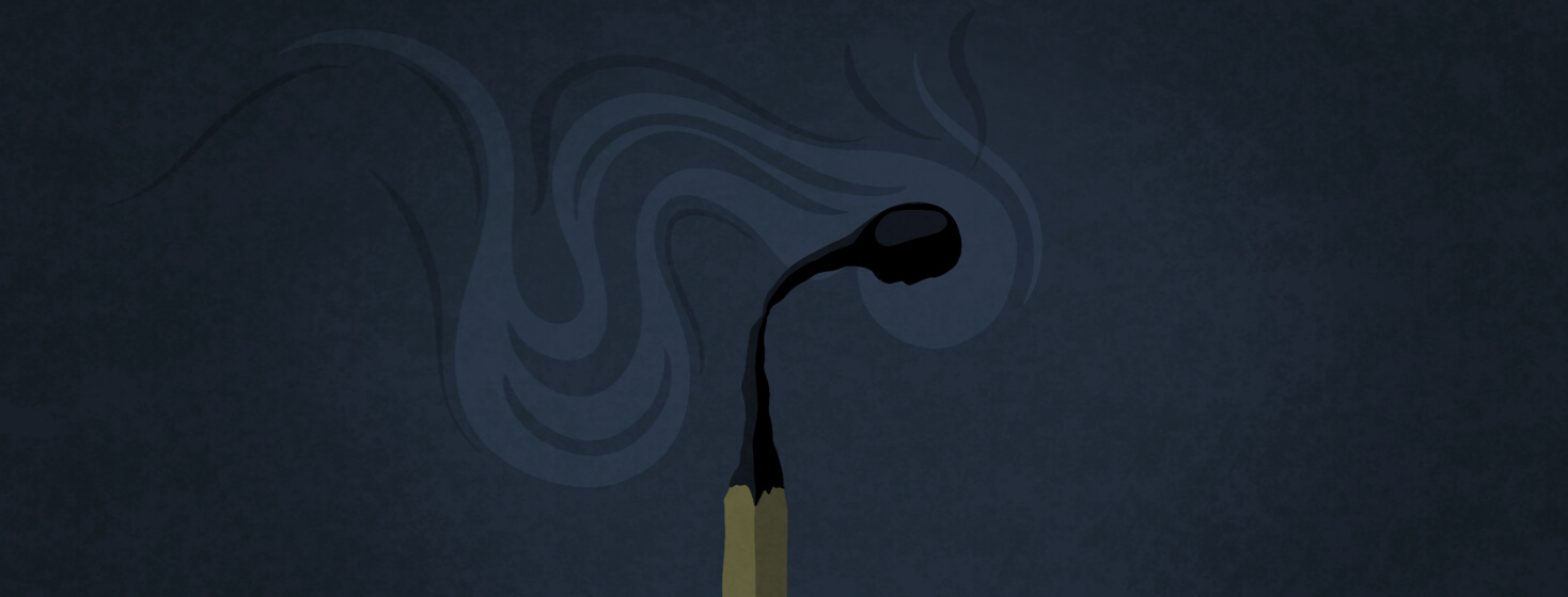 A burnt out and smoking match with a person's profile in the match head. Burnout, burn out, fatigue, mental health, flare