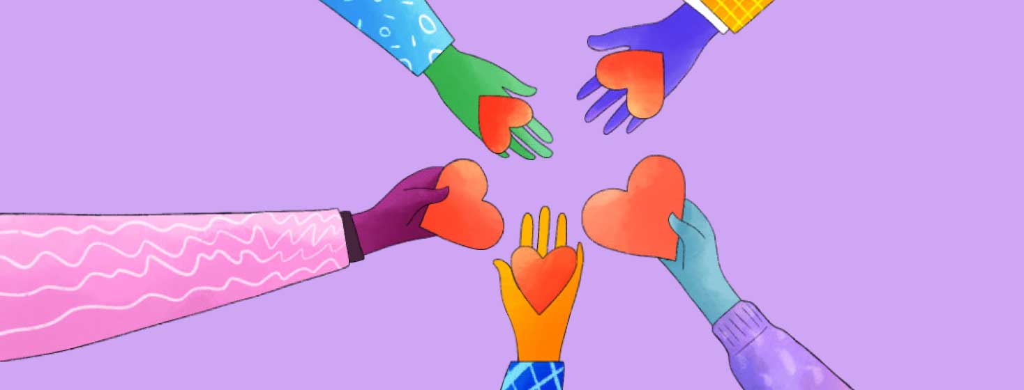 a diverse group of hands comes together to compare many different hearts