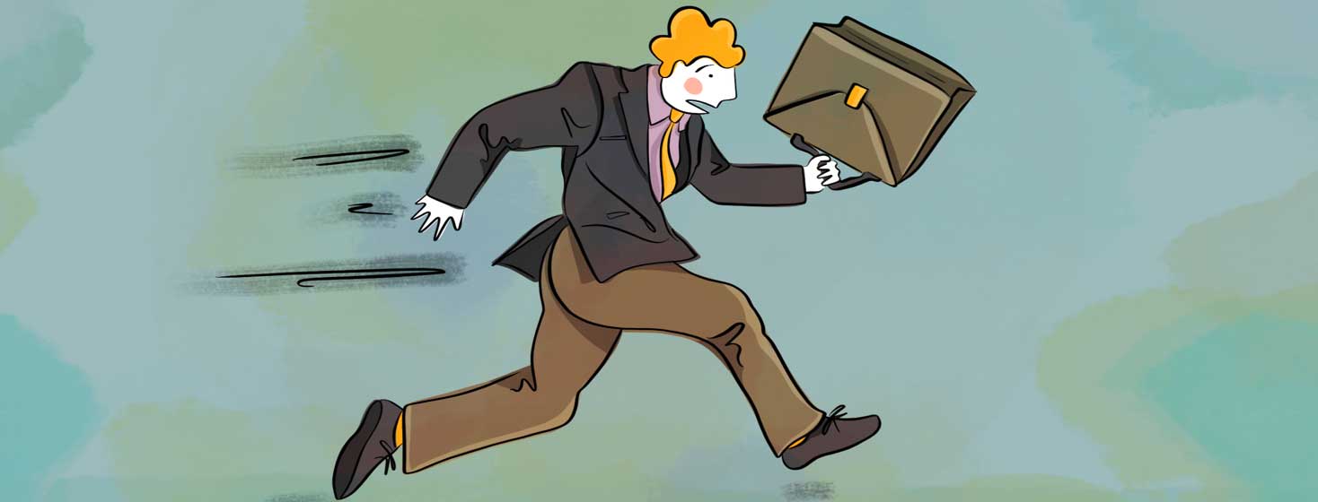 a stressed out office worker running with his briefcase