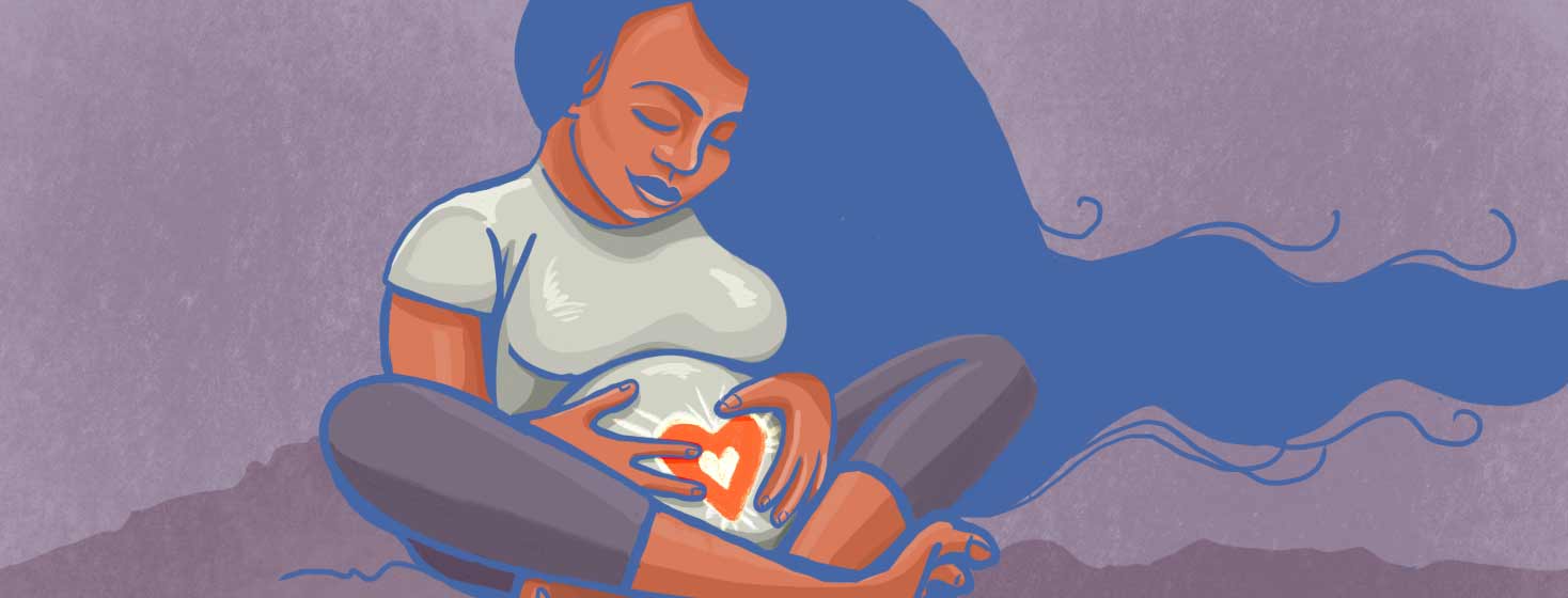 a pregnant woman holds her belly while a heart pulses inside