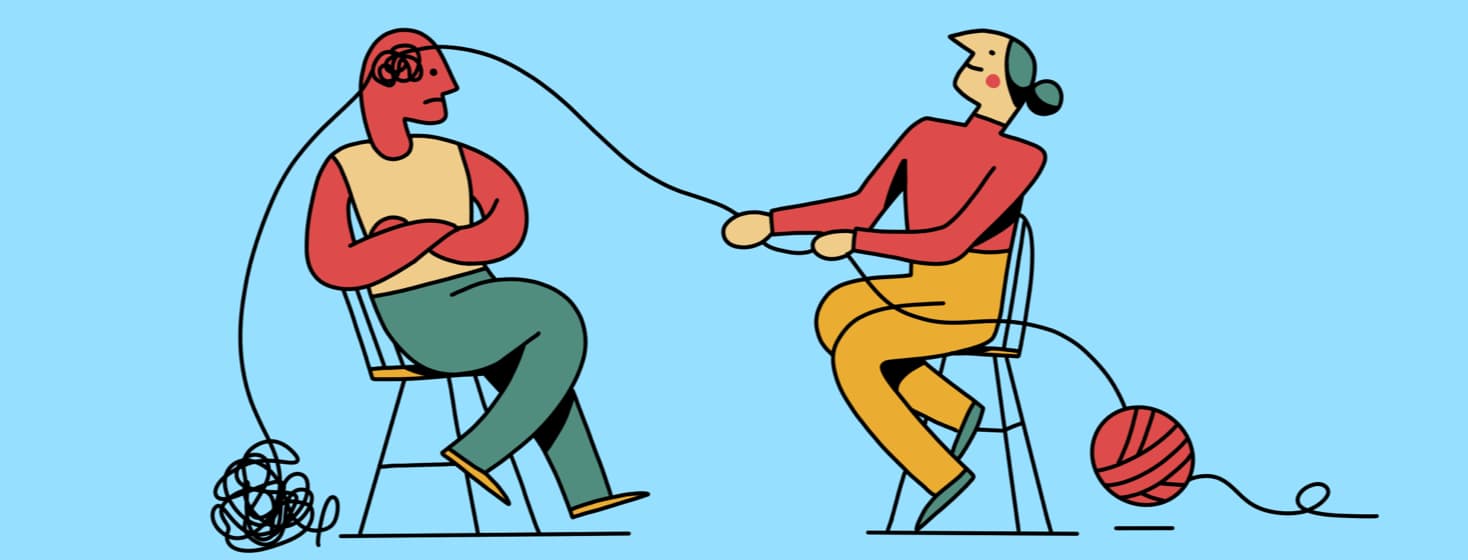 a woman pulls on a string that is connected to the tangled brain of the man sitting across from her, and untangles it for him