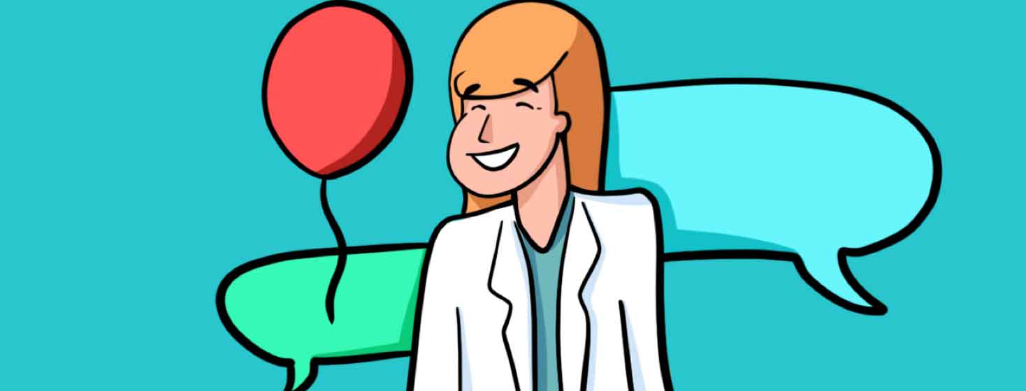 a female doctor smiling with speech bubbles and a balloon behind her