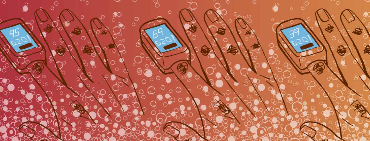 a pulse oximeter on a finger with a background of bubbles