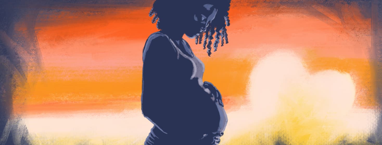 a pregnant woman holds her belly as a sun shaped like a heart rises behind her