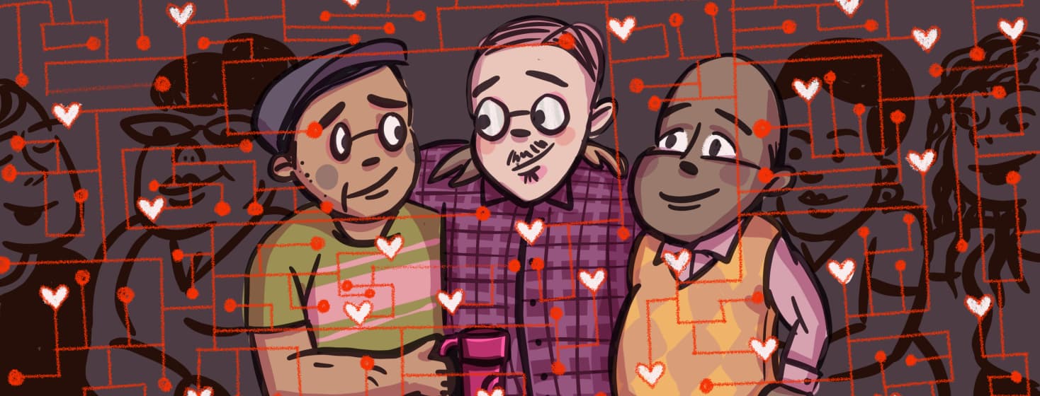 three male friends with their arms around each other are overlaid with a digital pattern with hearts