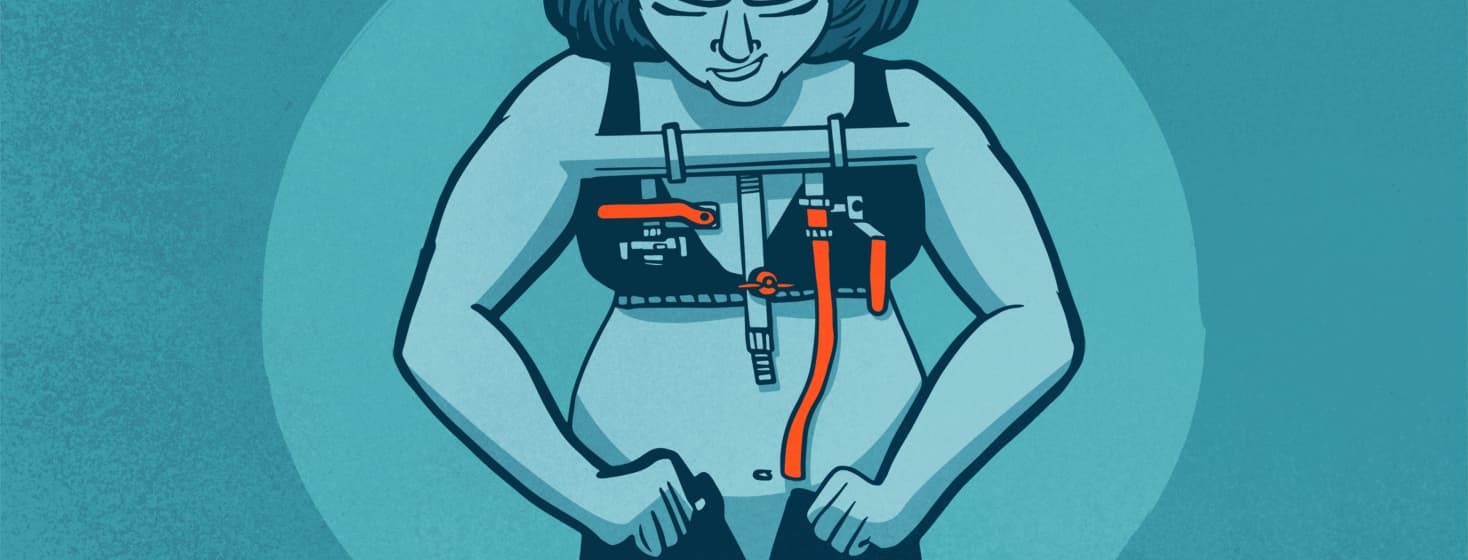 a woman tries to close her pants, but her belly has swollen. In her chest there are pipes with handles on the left and right, and one hose that leads to her belly
