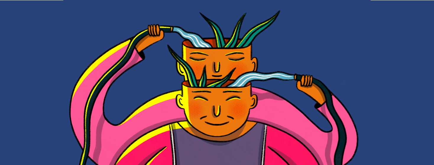 a parent and child with flower pots as heads. The parent is pouring water from two hoses into both heads.