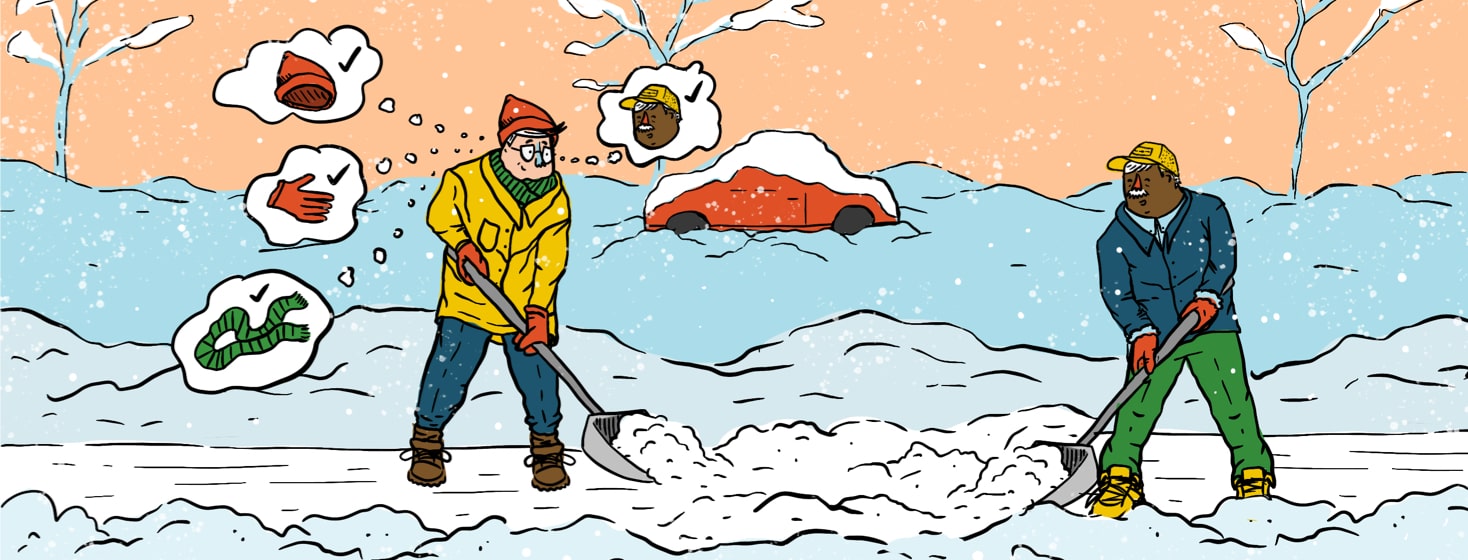 Two people shoveling snow; one with four thought bubbles coming out of his head showing a hat, glove, scarf, and man