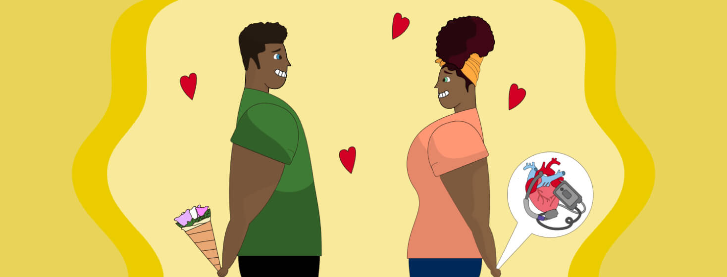 A man and a woman smiling pensively out on a date and he is holding flowers behind his back and she is holding a heart condition and LVAD conversation behind her back, hearts, male, female, adult
