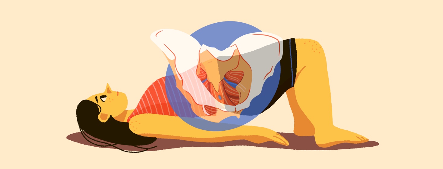alt=a woman doing pelvic floor exercises with an anatomical illustration overlaid on her midsection