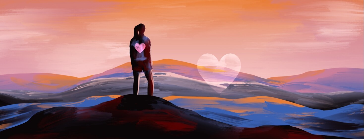alt=a woman standing in silhouette on top of a mountain looking at a sunset