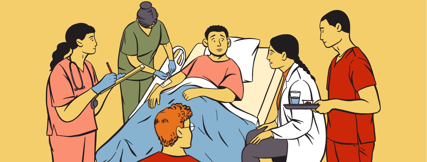 alt=a patient in a hospital bed in the emergency room is surrounded by medical staff