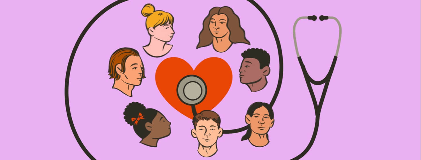 alt=a group of youths surround a heart and stethoscope