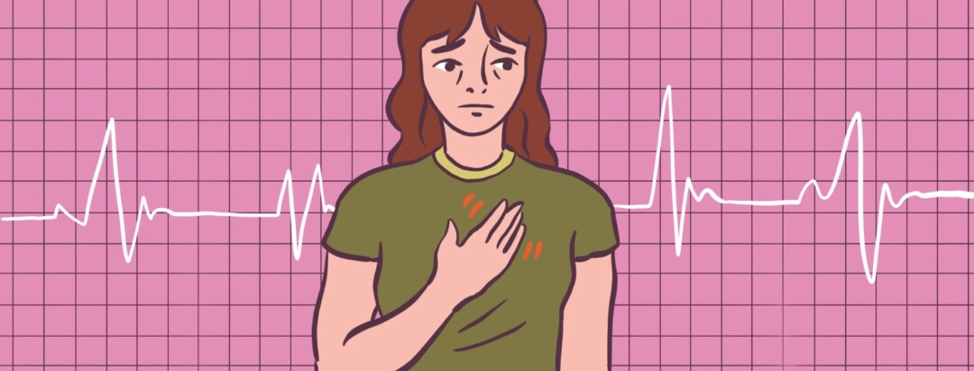 A woman holding her chest looking nervous with a cardiogram line behind her