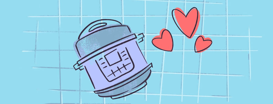 An instant pot with hearts floating around it