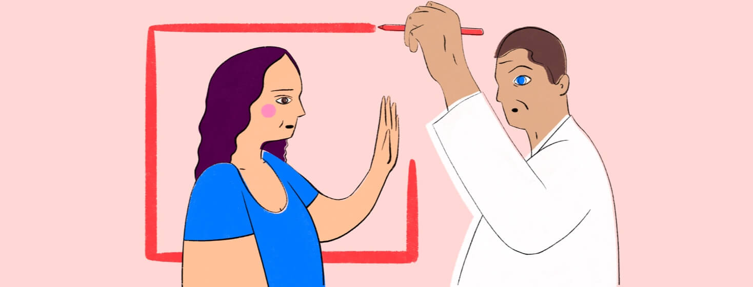 A doctor draws a box around his frustrated patient as she raises a hand