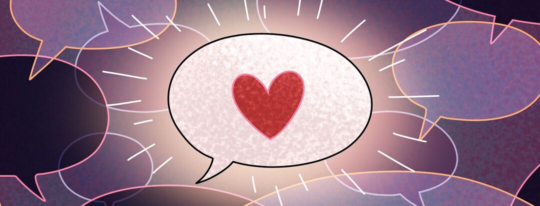 A bright speech bubble with a heart glows brightly against a sea of speech bubbles in the darkness