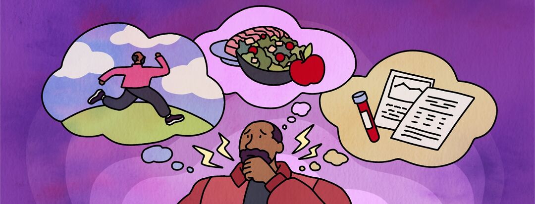A man looks up at thought bubbles showing a man exercising, healthy food, and blood test results. Lifestyle, healthy diet, clinical test, blood test