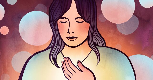 An illustration of a woman with a soft, serene expression surrounded by glowy bubbles with her hand on her chest